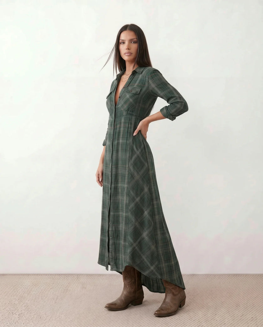 Plaid Maxi Dress Women V-Neck Button Front A-Line