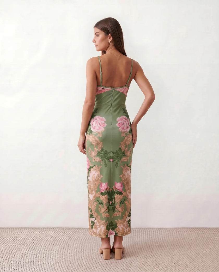 Floral Maxi Dress Women V-Neck Low Back Glossy Wedding Guest