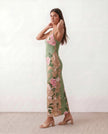 Floral Maxi Dress Women V-Neck Low Back Glossy Wedding Guest