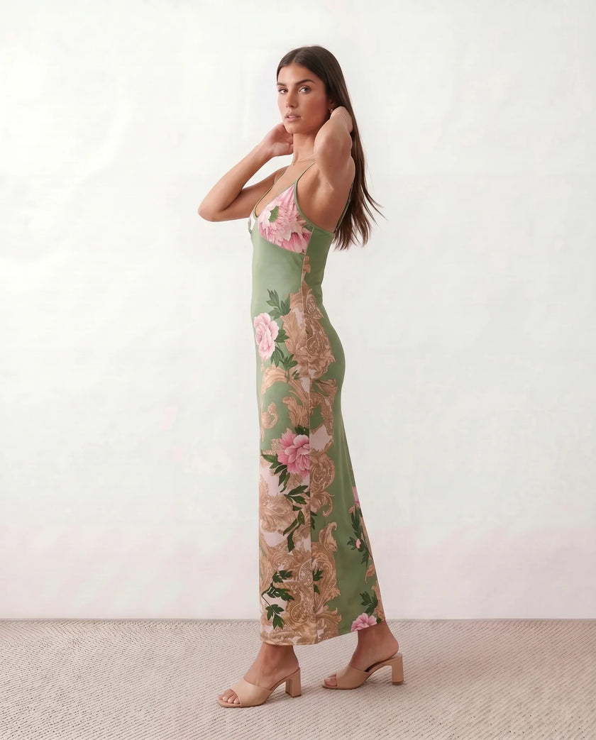 Floral Maxi Dress Women V-Neck Low Back Glossy Wedding Guest