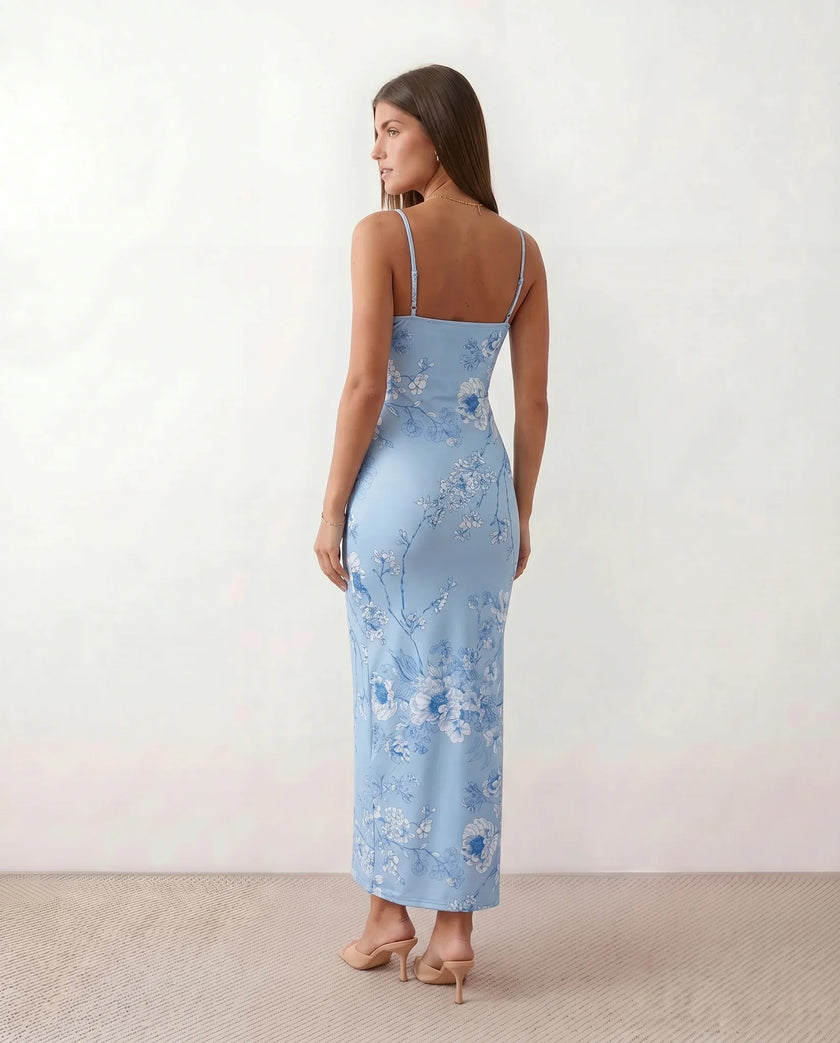 Floral Maxi Dress Women V-Neck Low Back Glossy Wedding Guest