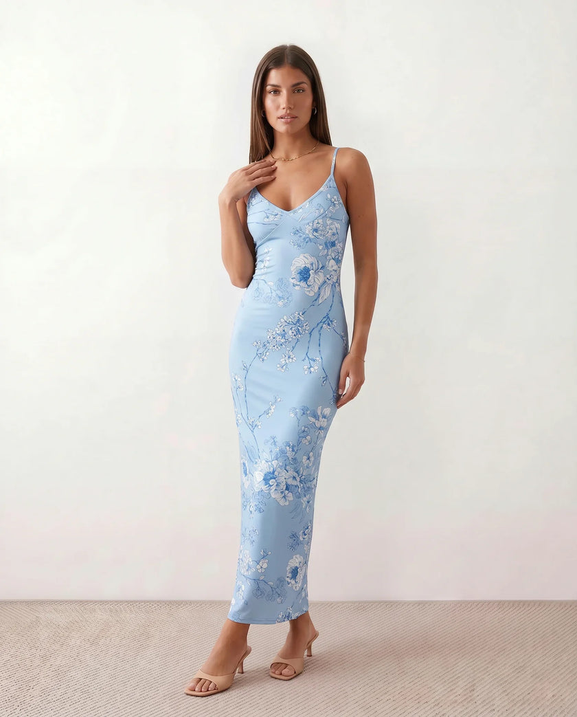Floral Maxi Dress Women V-Neck Low Back Glossy Wedding Guest
