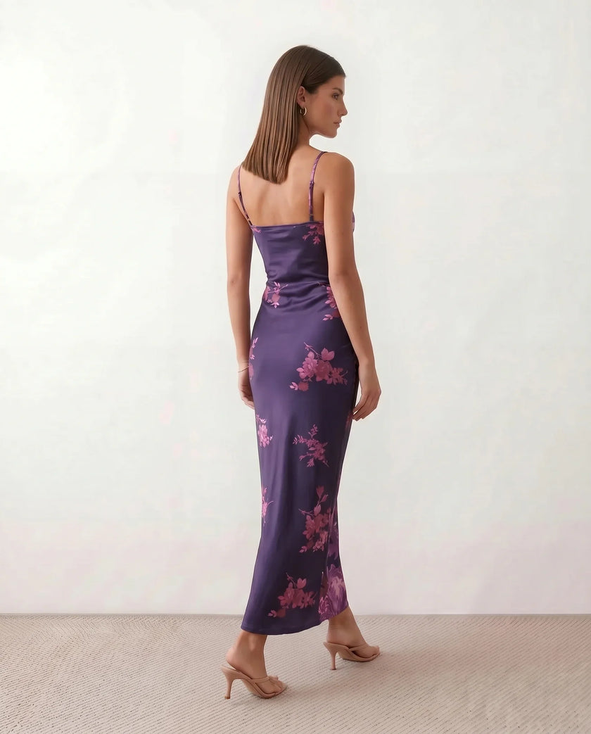 Floral Maxi Dress Women V-Neck Low Back Glossy Wedding Guest