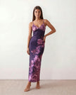 Floral Maxi Dress Women V-Neck Low Back Glossy Wedding Guest