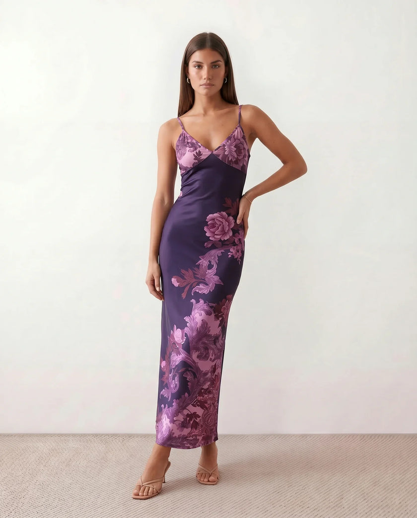 Floral Maxi Dress Women V-Neck Low Back Glossy Wedding Guest