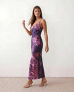 Floral Maxi Dress Women V-Neck Low Back Glossy Wedding Guest