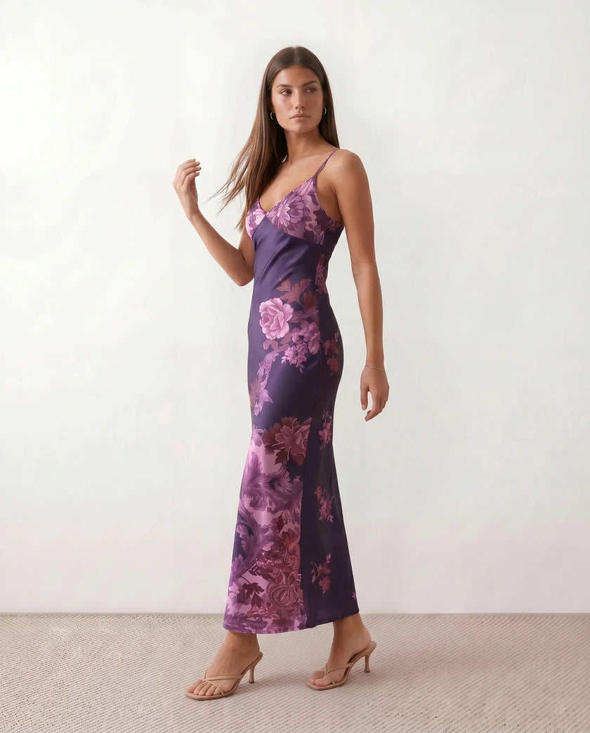 Floral Maxi Dress Women V-Neck Low Back Glossy Wedding Guest