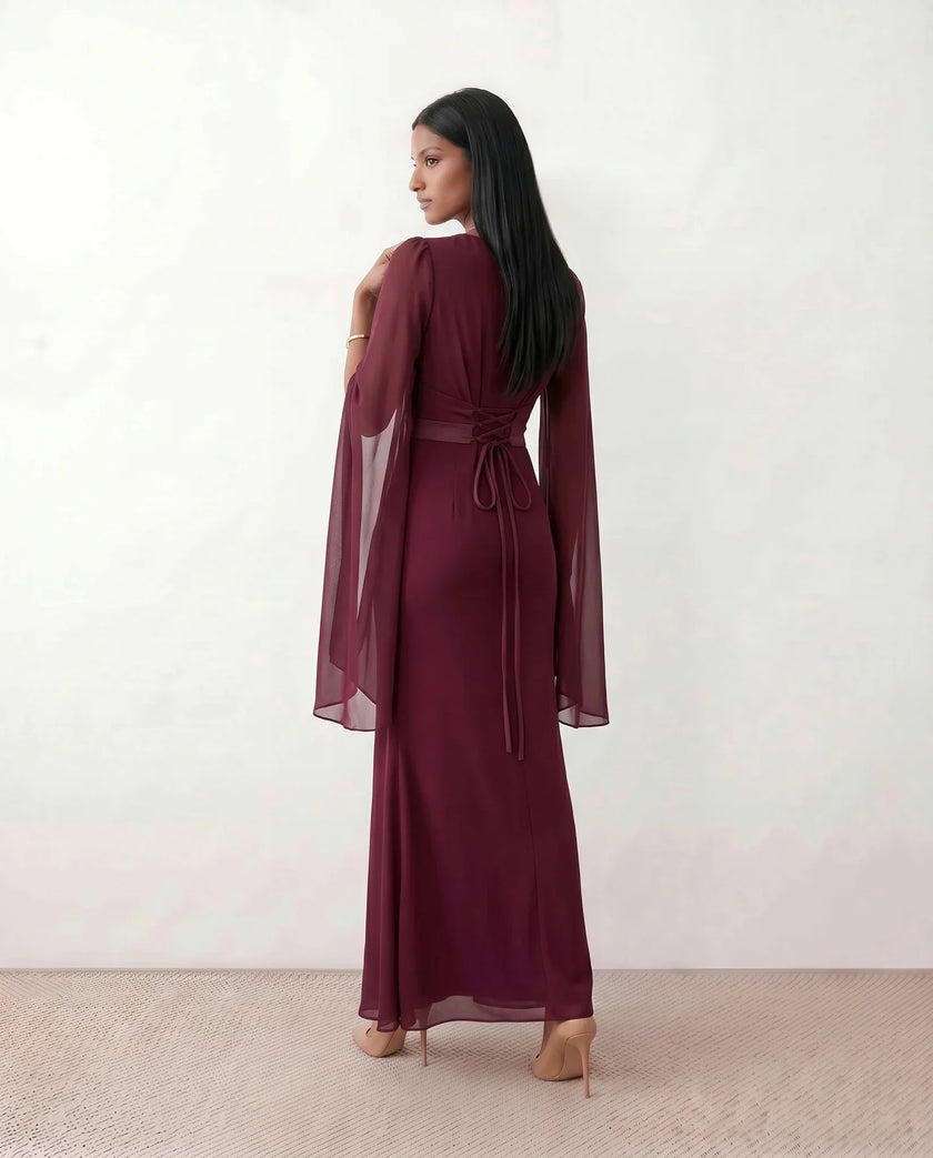 Mermaid Maxi Dress Women Wedding Guest Chiffon Lace-Up Long Sleeve