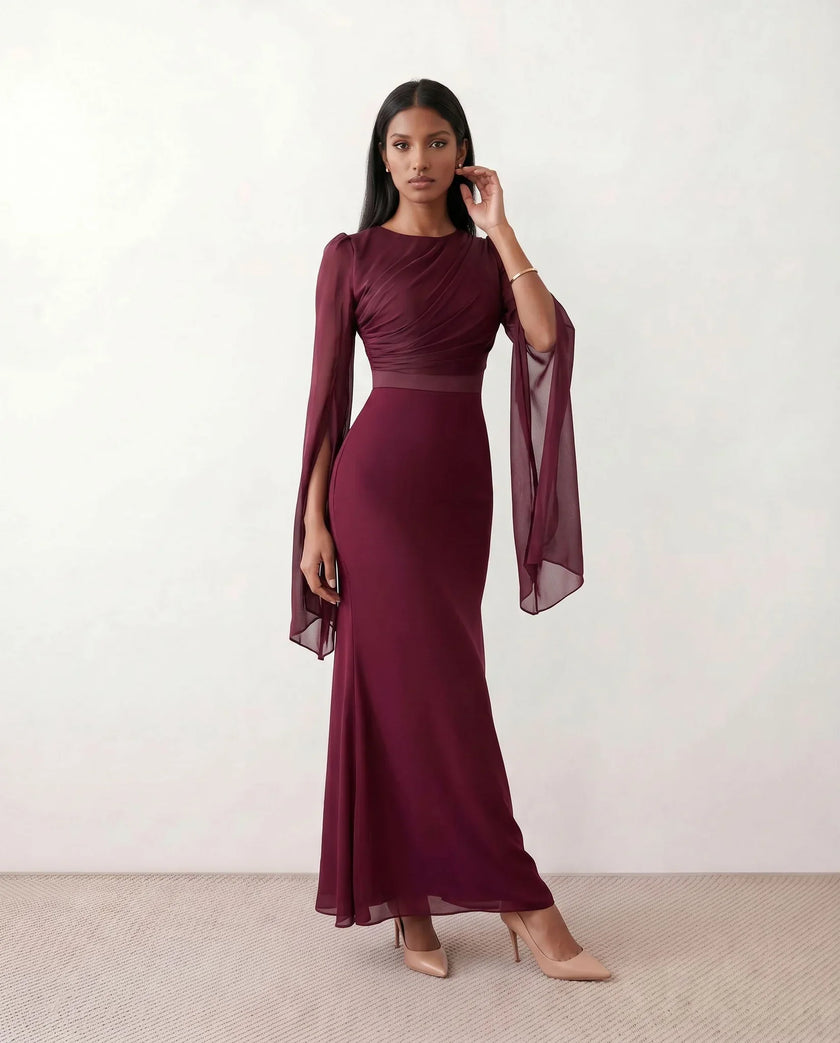 Mermaid Maxi Dress Women Wedding Guest Chiffon Lace-Up Long Sleeve