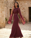 Mermaid Maxi Dress Women Wedding Guest Chiffon Lace-Up Long Sleeve