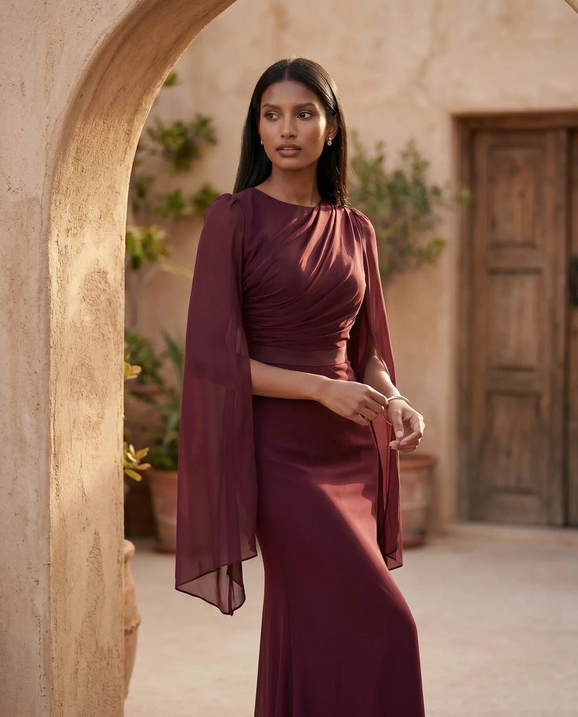 Mermaid Maxi Dress Women Wedding Guest Chiffon Lace-Up Long Sleeve