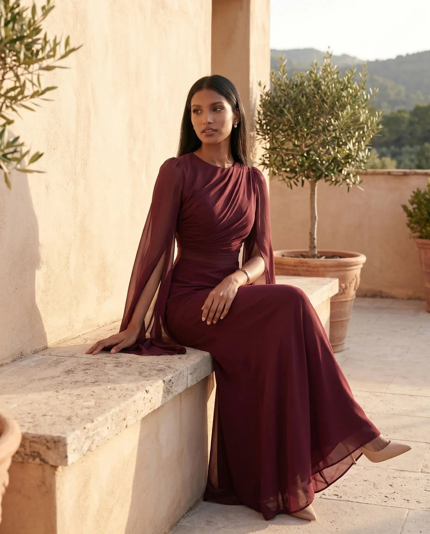 Mermaid Maxi Dress Women Wedding Guest Chiffon Lace-Up Long Sleeve