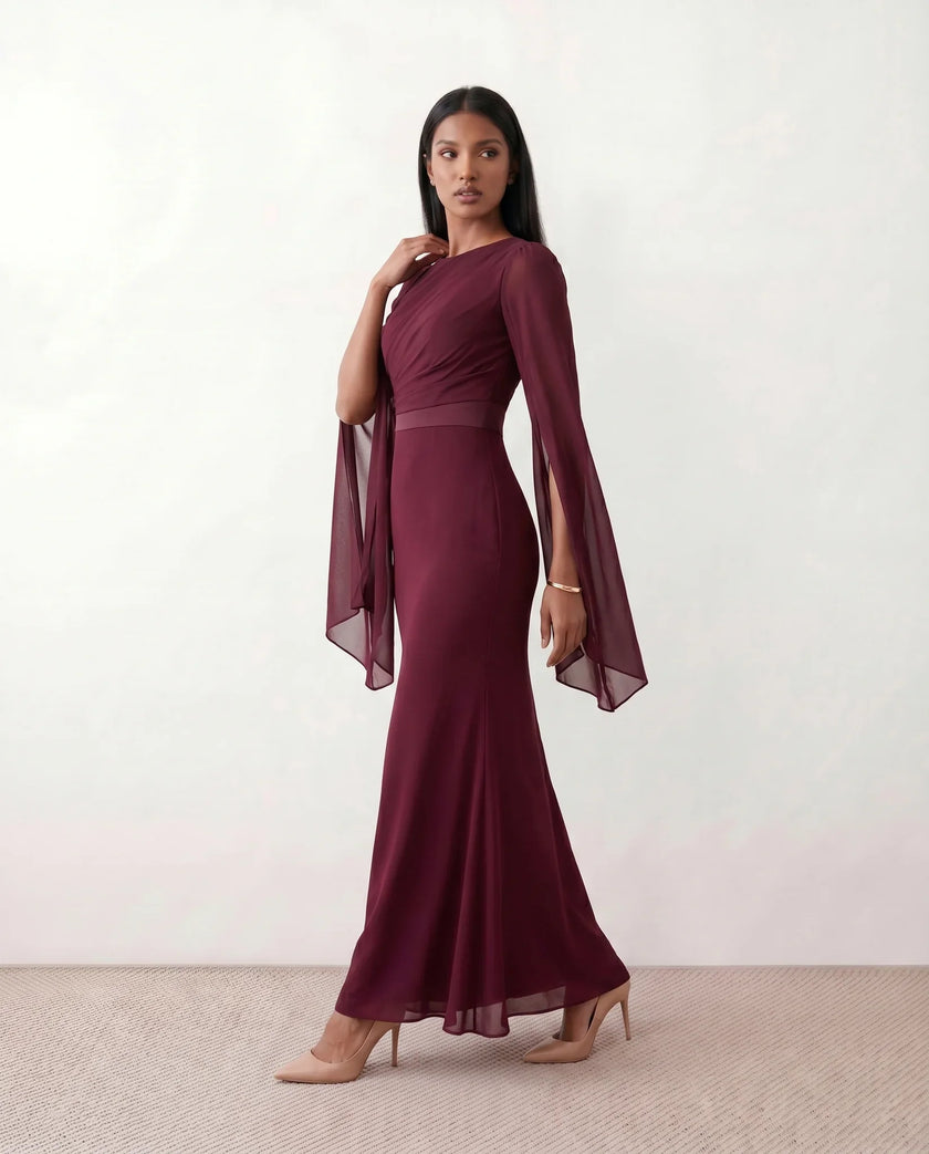 Mermaid Maxi Dress Women Wedding Guest Chiffon Lace-Up Long Sleeve