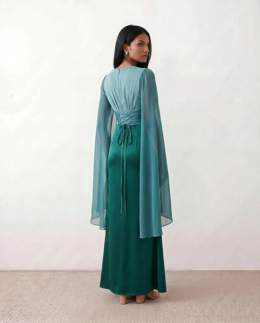 Mermaid Maxi Dress Women Wedding Guest Chiffon Lace-Up Long Sleeve