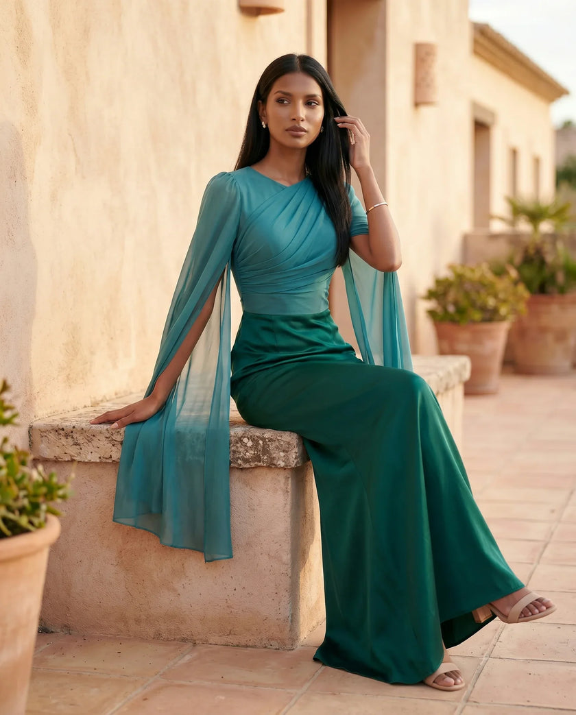Mermaid Maxi Dress Women Wedding Guest Chiffon Lace-Up Long Sleeve