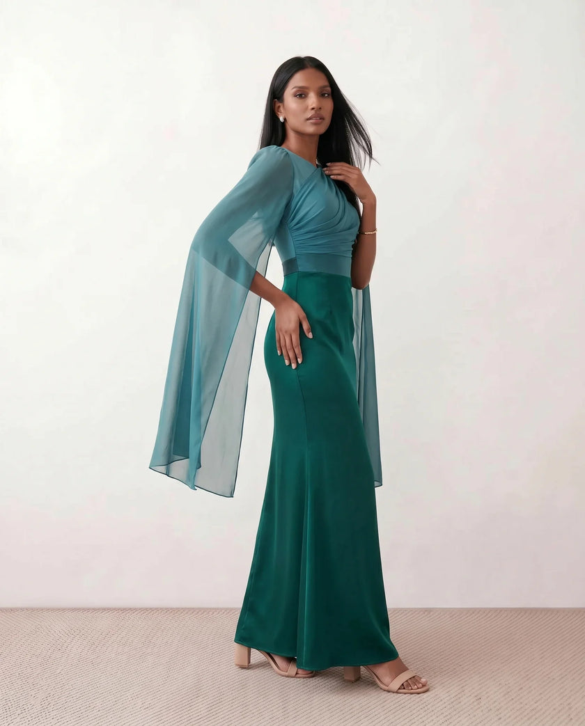 Mermaid Maxi Dress Women Wedding Guest Chiffon Lace-Up Long Sleeve