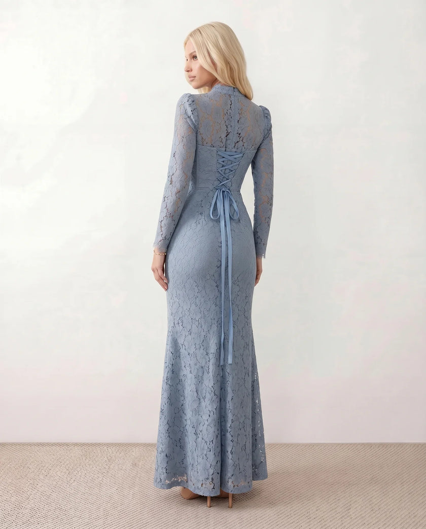 Lace Maxi Dress Women, Wedding Guest Mermaid Corset Long Sleeve