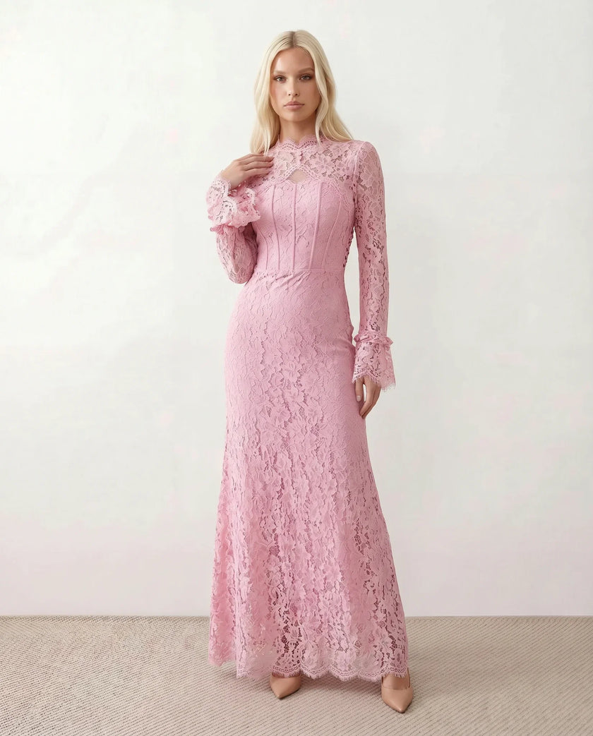 Lace Maxi Dress Women, Wedding Guest Mermaid Corset Long Sleeve