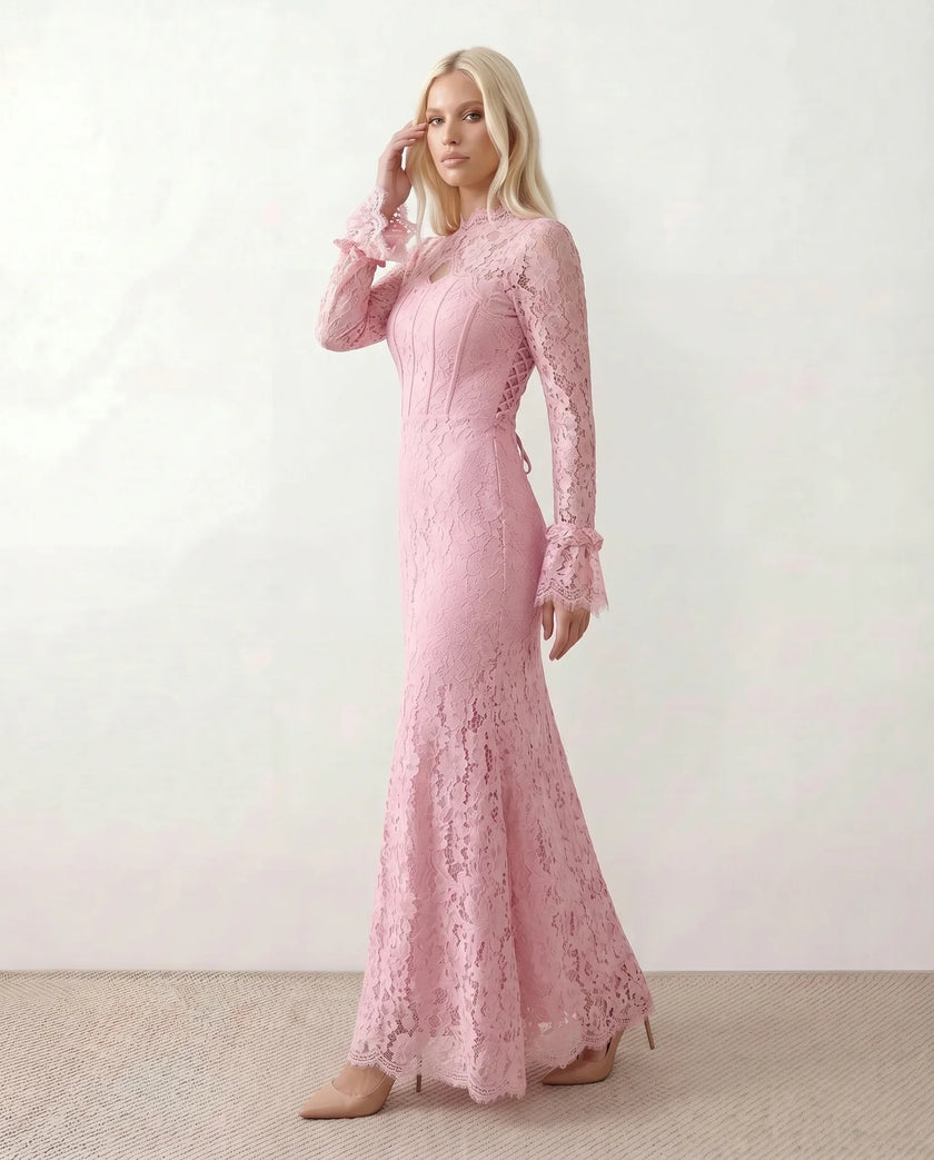 Lace Maxi Dress Women, Wedding Guest Mermaid Corset Long Sleeve