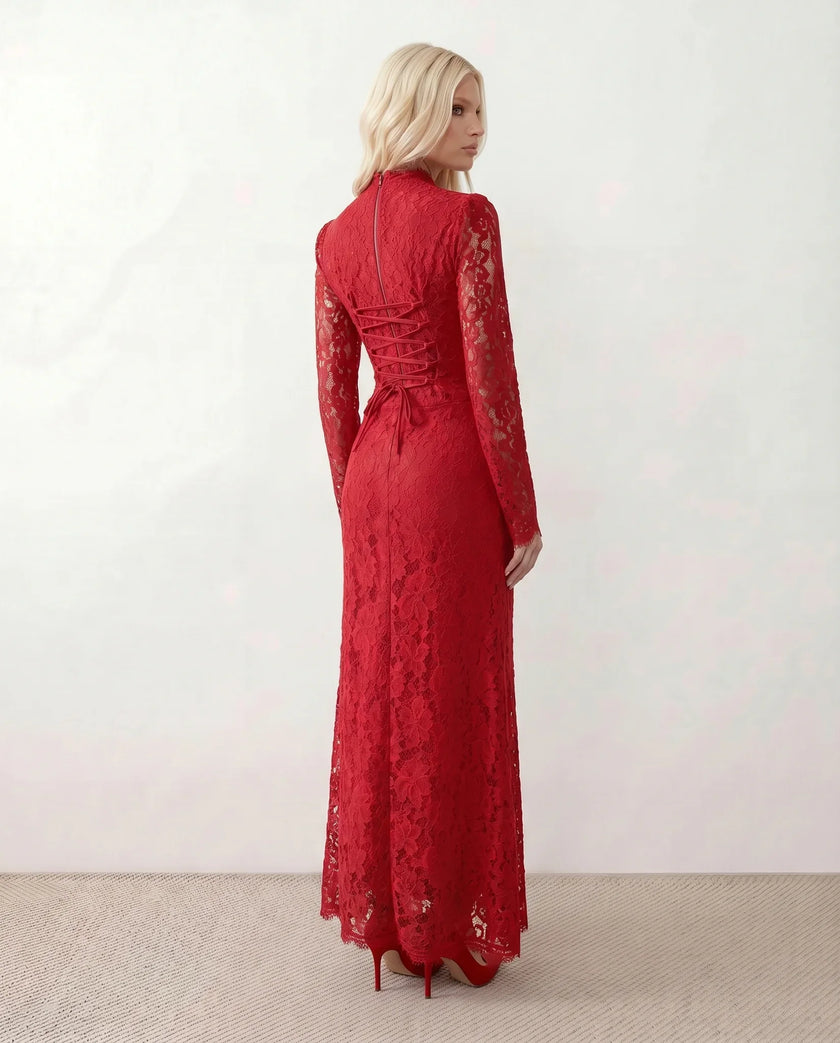 Lace Maxi Dress Women, Wedding Guest Mermaid Corset Long Sleeve