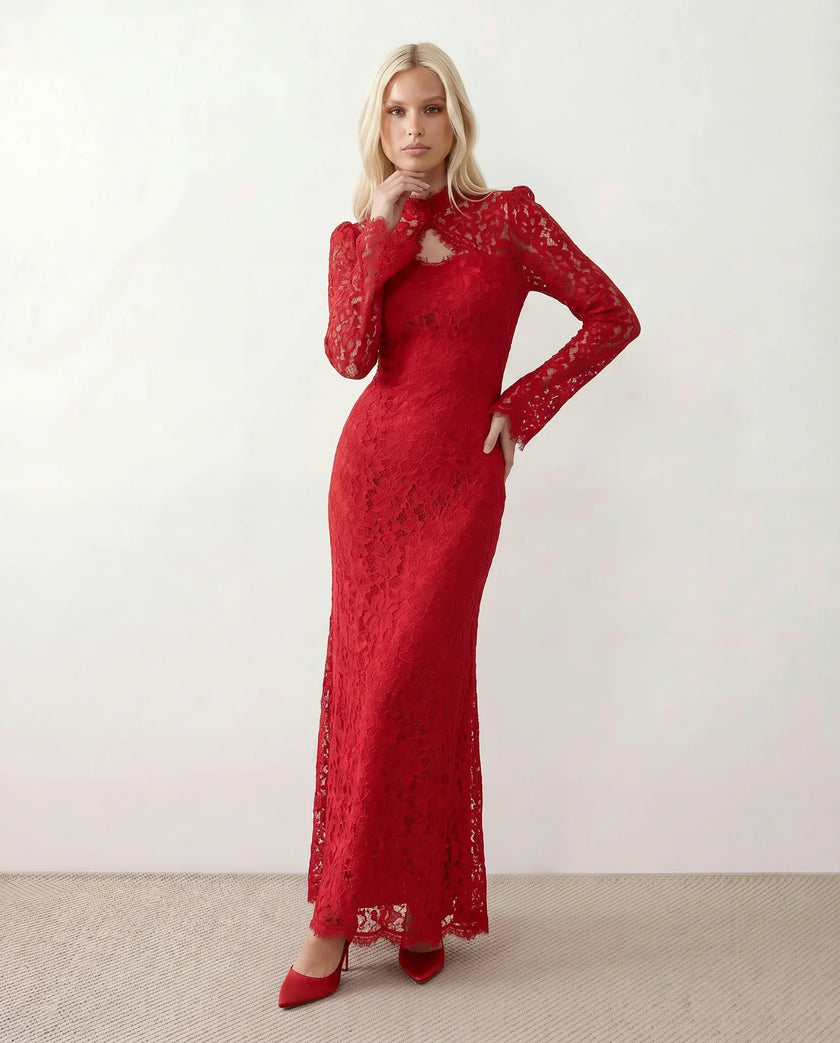 Lace Maxi Dress Women, Wedding Guest Mermaid Corset Long Sleeve