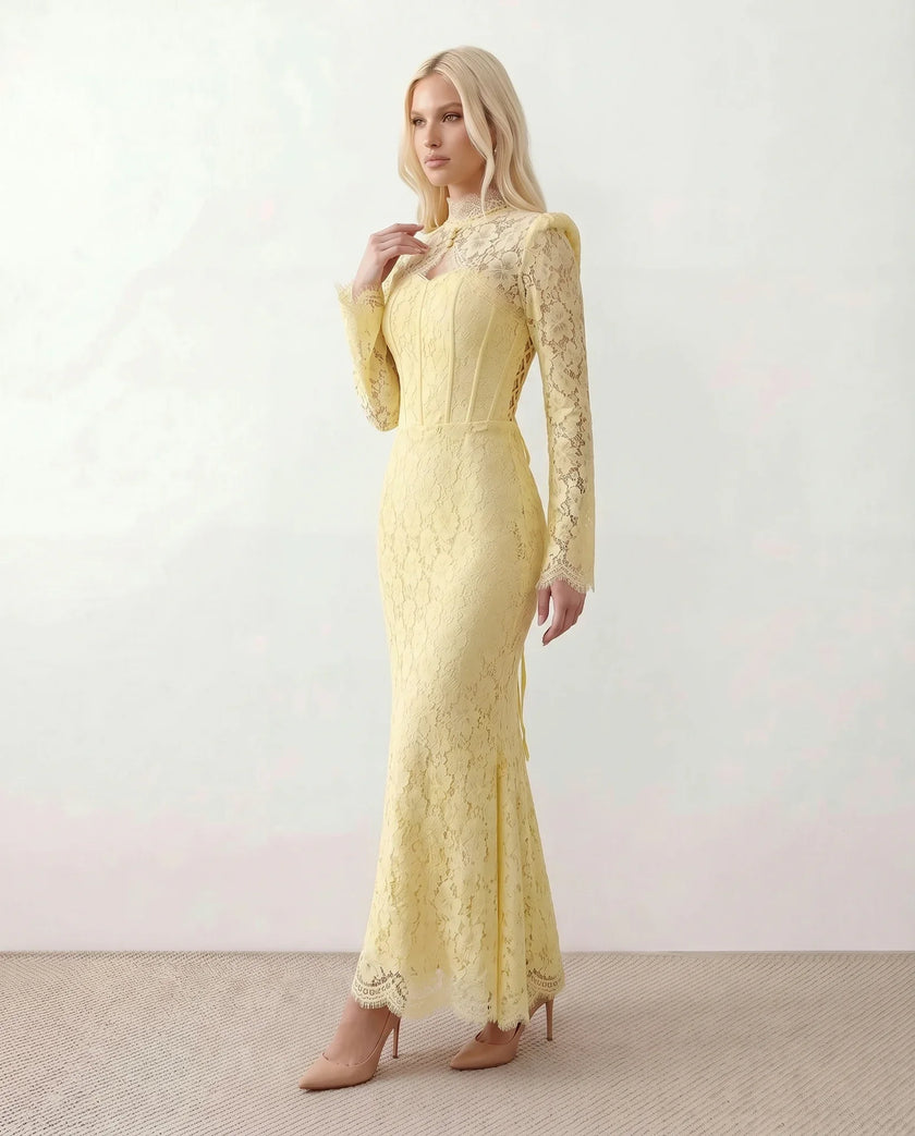 Lace Maxi Dress Women, Wedding Guest Mermaid Corset Long Sleeve