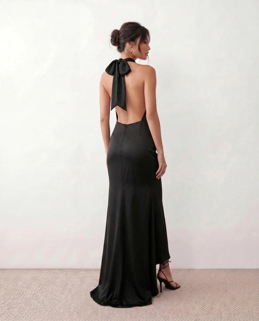 Satin Maxi Dress Women Cowl Neck Halter Backless Formal