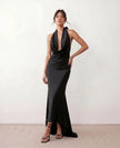 Satin Maxi Dress Women Cowl Neck Halter Backless Formal