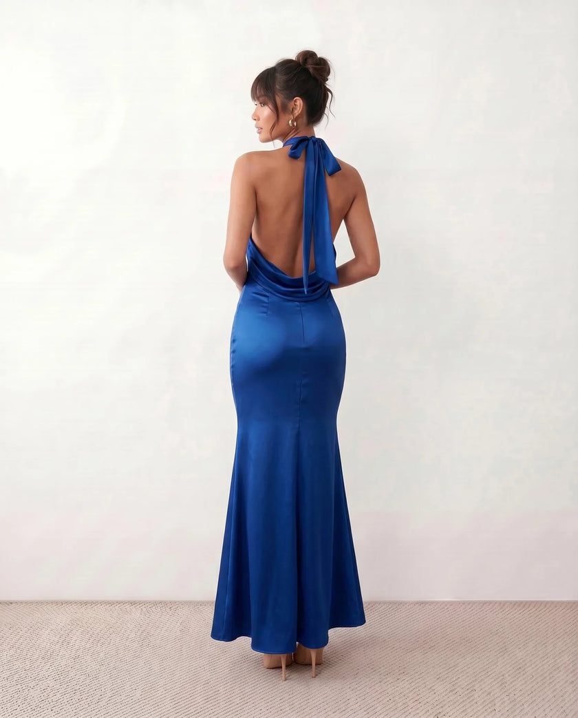 Satin Maxi Dress Women Cowl Neck Halter Backless Formal