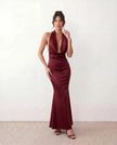 Satin Maxi Dress Women Cowl Neck Halter Backless Formal