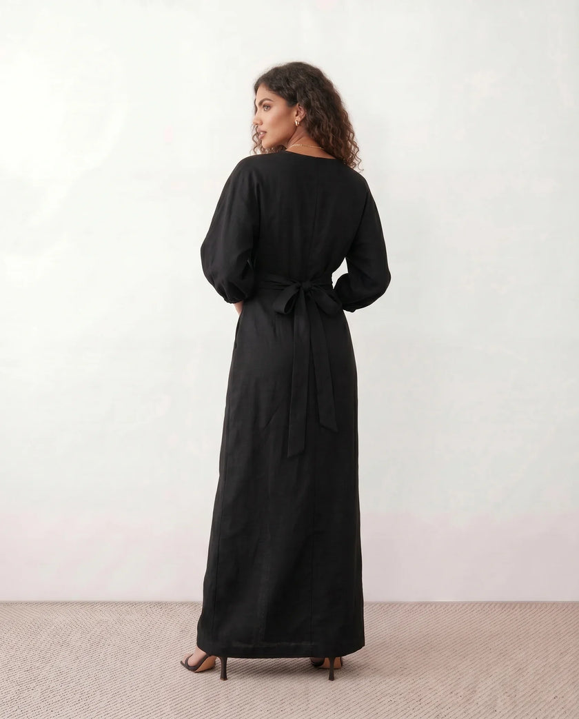 Maxi Dress Women, Wedding Guest Wrap V-Neck Tie-Back Long Sleeve
