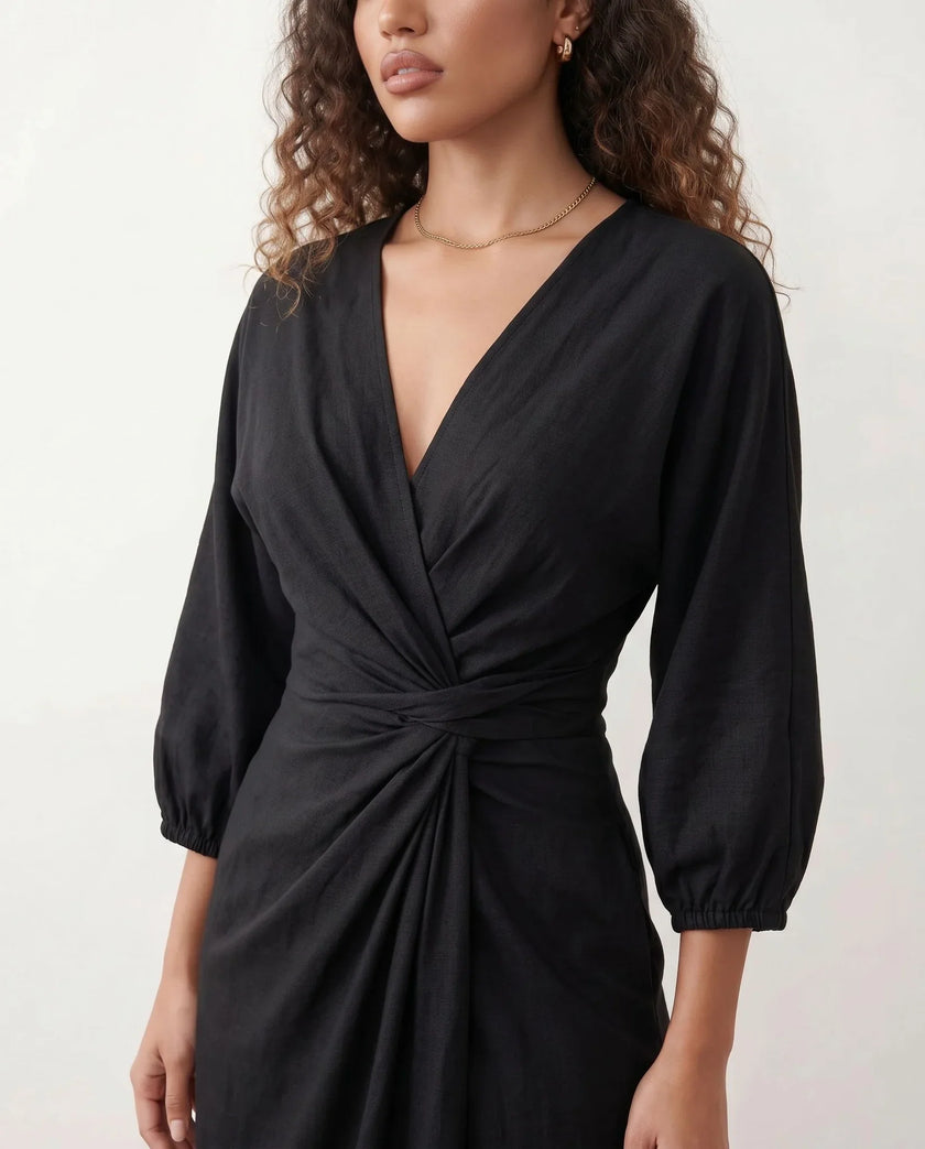 Maxi Dress Women, Wedding Guest Wrap V-Neck Tie-Back Long Sleeve