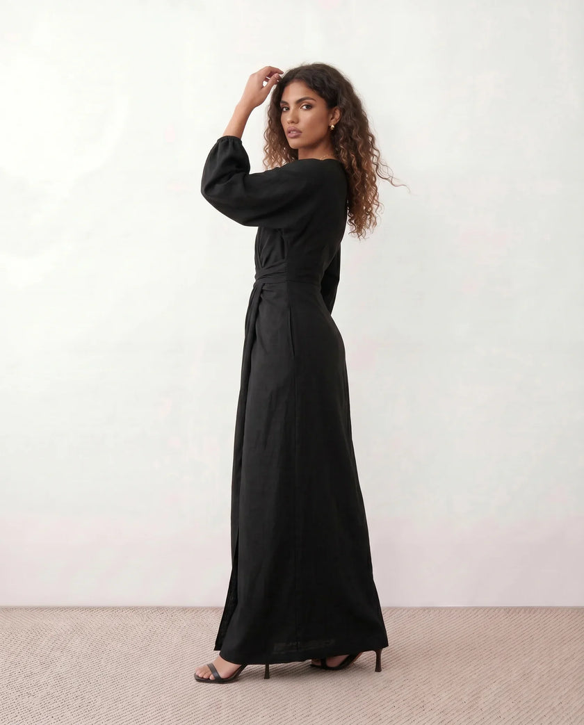 Maxi Dress Women, Wedding Guest Wrap V-Neck Tie-Back Long Sleeve