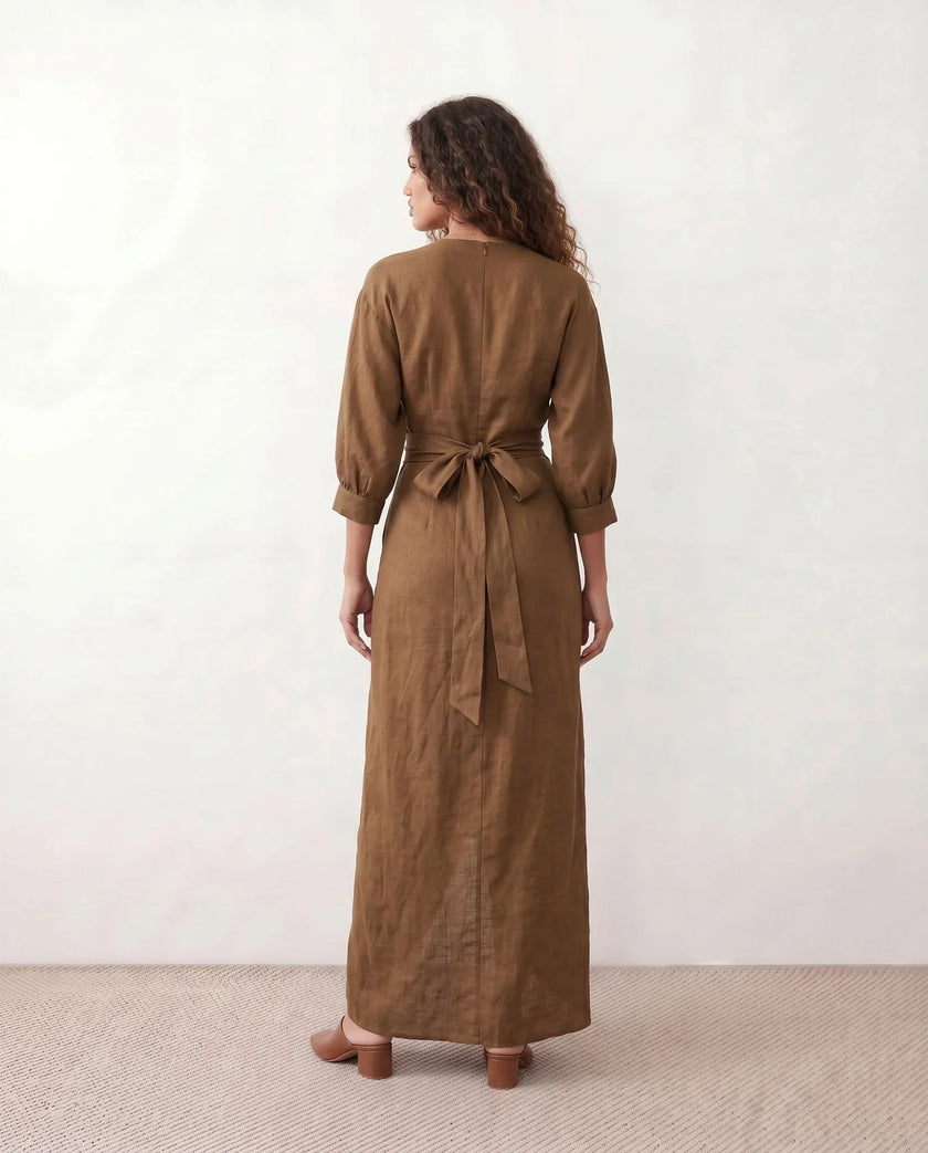 Maxi Dress Women, Wedding Guest Wrap V-Neck Tie-Back Long Sleeve
