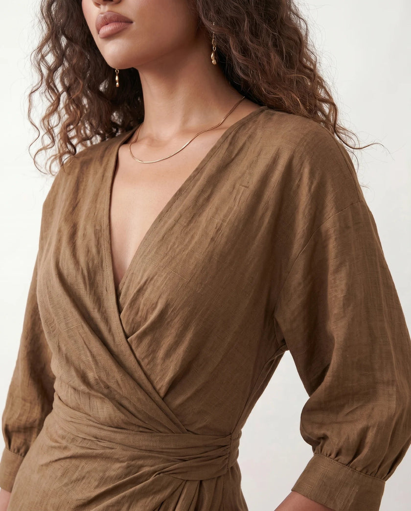 Maxi Dress Women, Wedding Guest Wrap V-Neck Tie-Back Long Sleeve