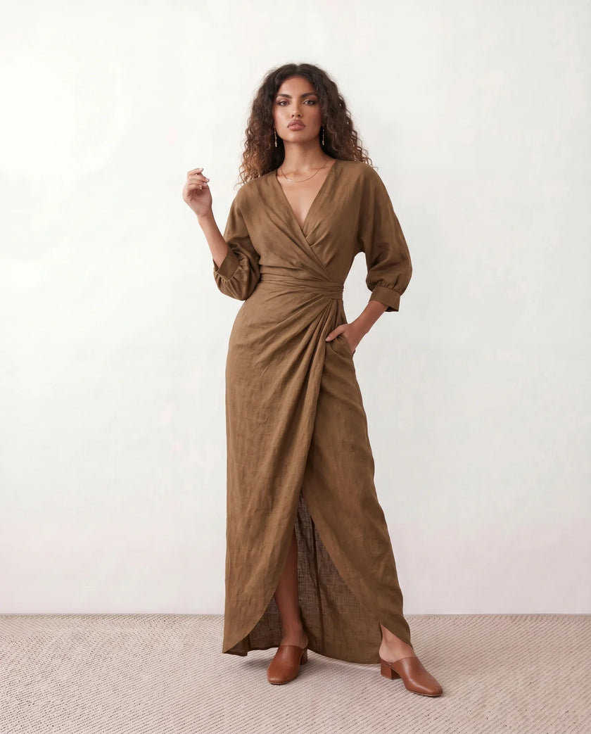 Maxi Dress Women, Wedding Guest Wrap V-Neck Tie-Back Long Sleeve