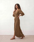 Maxi Dress Women, Wedding Guest Wrap V-Neck Tie-Back Long Sleeve