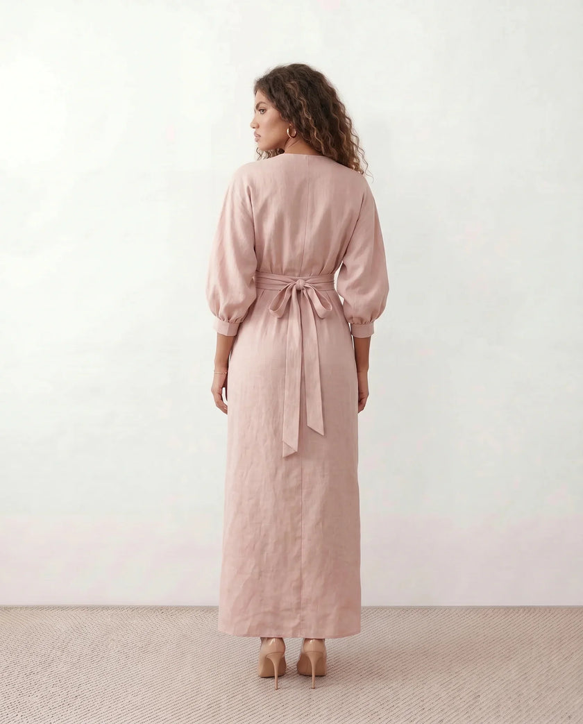 Maxi Dress Women, Wedding Guest Wrap V-Neck Tie-Back Long Sleeve