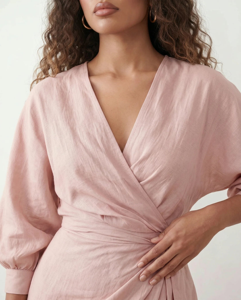 Maxi Dress Women, Wedding Guest Wrap V-Neck Tie-Back Long Sleeve