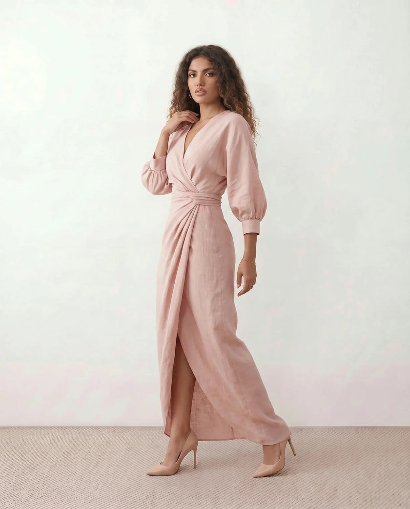 Maxi Dress Women, Wedding Guest Wrap V-Neck Tie-Back Long Sleeve