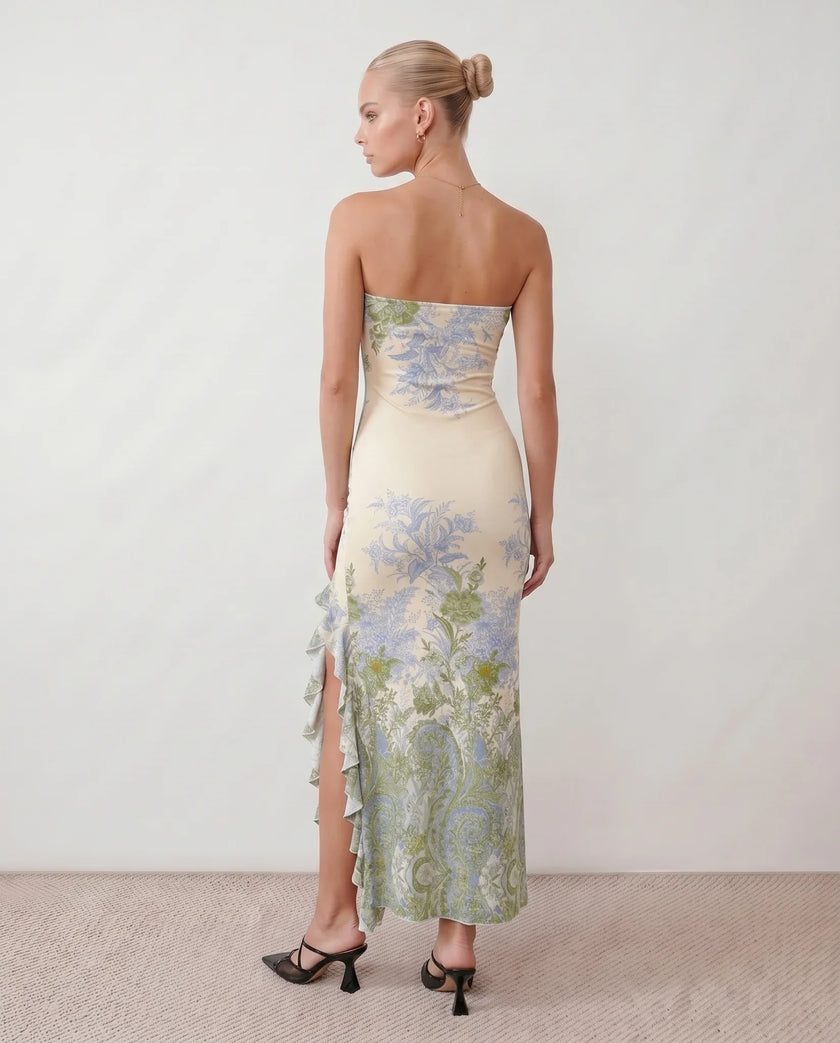 Maxi Dress Women Strapless Floral Square Neck Fitted Wedding Guest