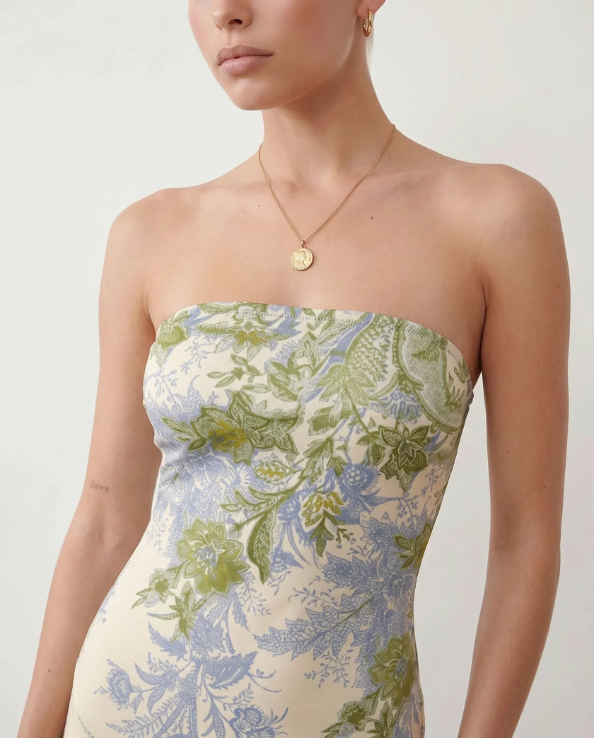 Maxi Dress Women Strapless Floral Square Neck Fitted Wedding Guest