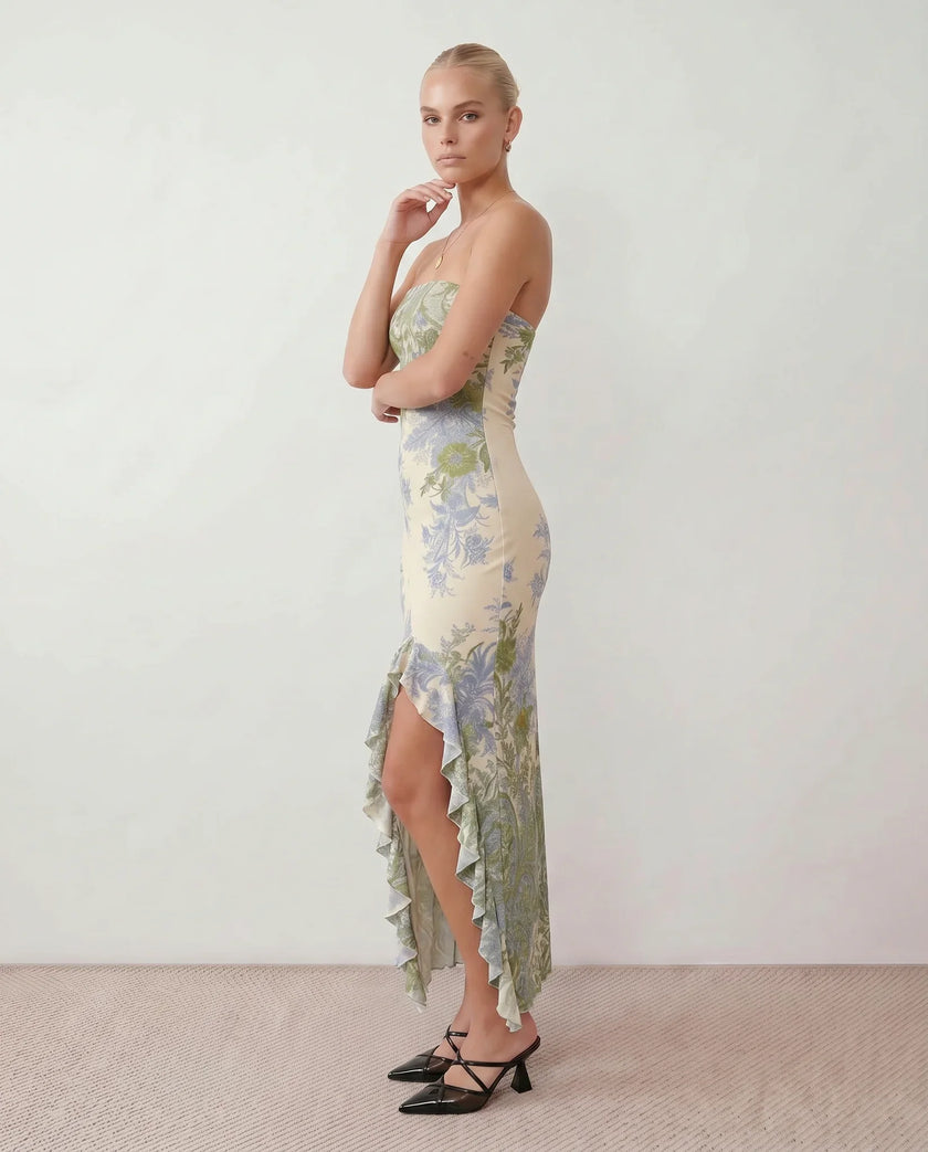 Maxi Dress Women Strapless Floral Square Neck Fitted Wedding Guest
