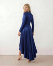 Maxi Dress Women Wrap V-Neck Satin Long Sleeve High-Low Navy Wedding Guest