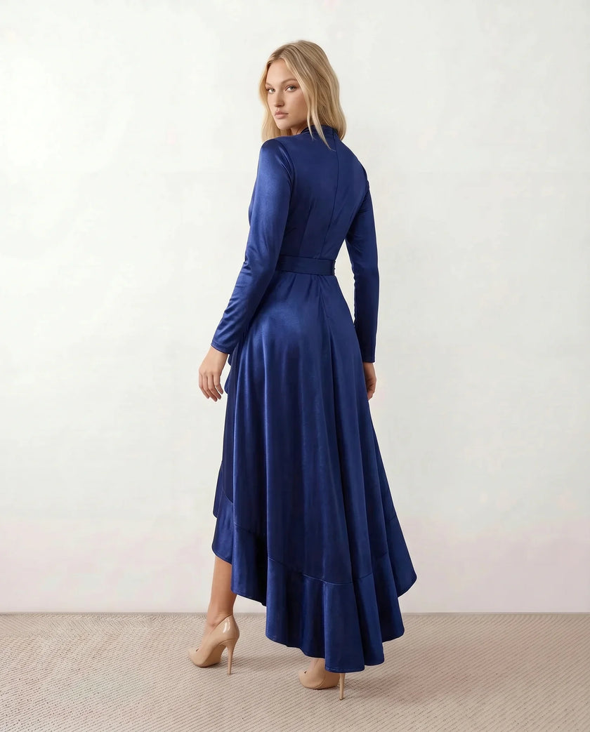 Maxi Dress Women Wrap V-Neck Satin Long Sleeve High-Low Navy Wedding Guest