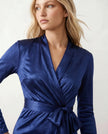 Maxi Dress Women Wrap V-Neck Satin Long Sleeve High-Low Navy Wedding Guest