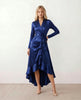 Maxi Dress Women Wrap V-Neck Satin Long Sleeve High-Low Navy Wedding Guest