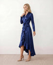 Maxi Dress Women Wrap V-Neck Satin Long Sleeve High-Low Navy Wedding Guest