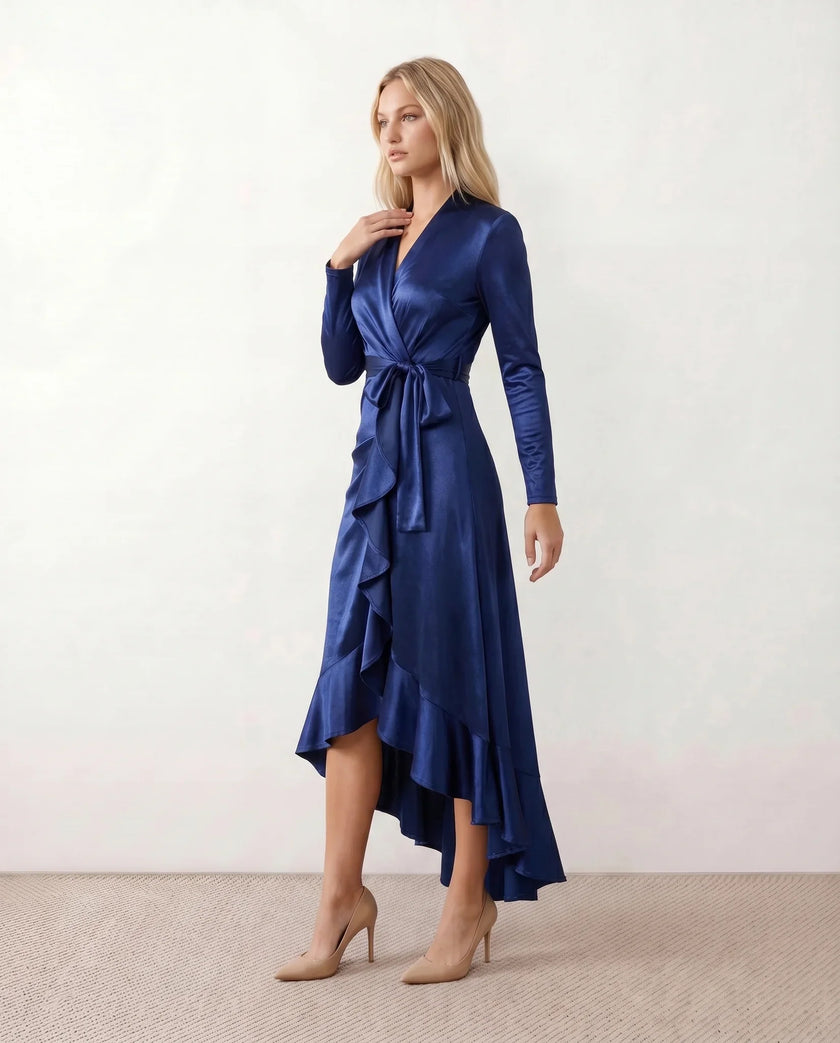 Maxi Dress Women Wrap V-Neck Satin Long Sleeve High-Low Navy Wedding Guest
