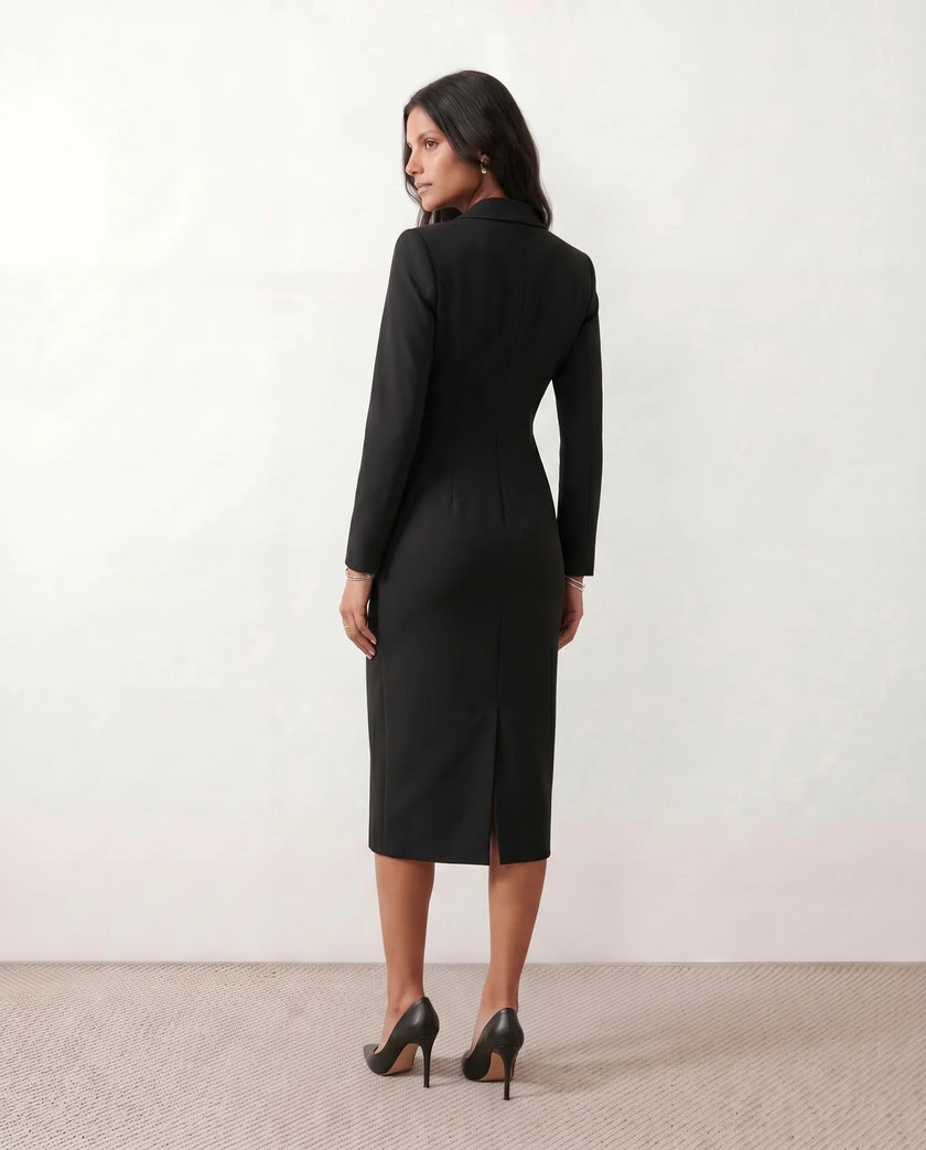 Blazer Midi Dress Women V-Neck Button-Front Back Slit Cocktail
